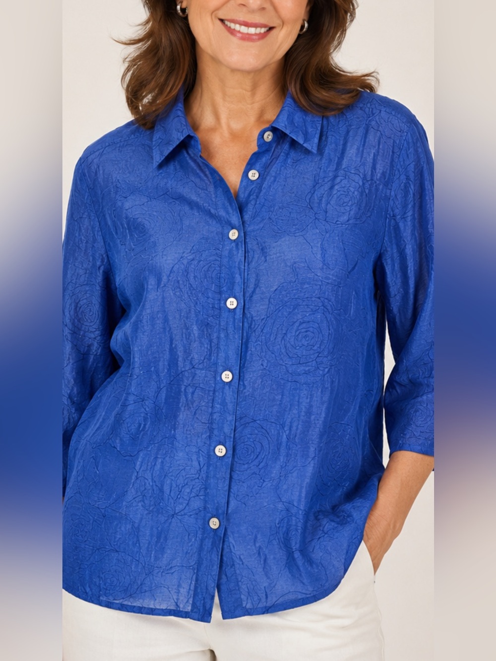 Linen Silk Blend Blue Floral Embroidered Petite Large Button Shirt